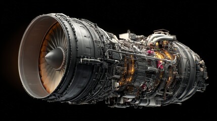 an up-close shot of an aircraft jet engine, showcasing its intricate details and powerful design. This image highlights the complex mechanics and engineering prowess of the engine