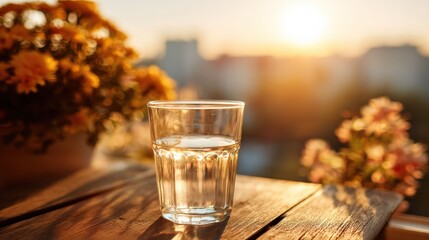 a refreshing glass of water on a wooden table with a blurred background of flowers and buildings. The sunlight creates a warm, inviting atmosphere