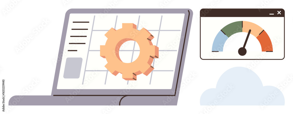 Poster laptop with gear on screen symbolizes workflow automation. nearby, a performance gauge displays prog