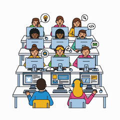 Modern tech education fosters digital skills and collaborative learning. Diverse individuals train in a computer lab, preparing for future professional growth and innovation.