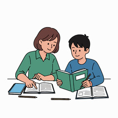 A caring mother or female tutor helping a young boy with his homework, an illustration of home schooling and private education.