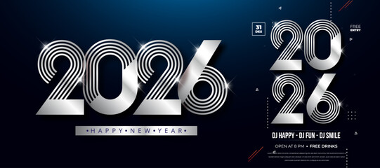 Silver 2026 happy new year text with party event details on dark background Celebration Greeting Festive