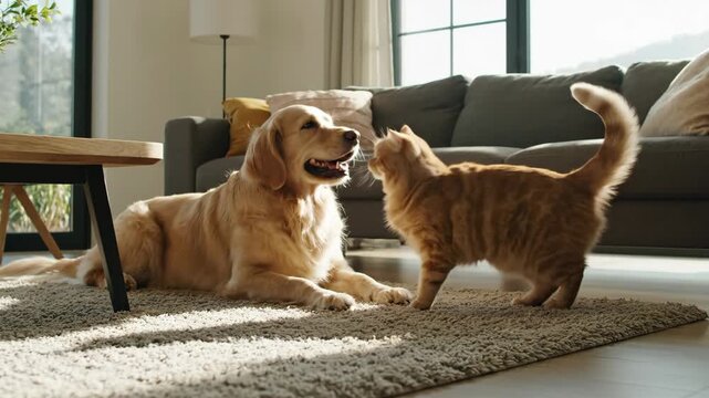 Golden Retriever and Ginger Cat Playing on Rug - A golden retriever dog and a ginger cat interact playfully on a light beige rug in a sunlit living room.