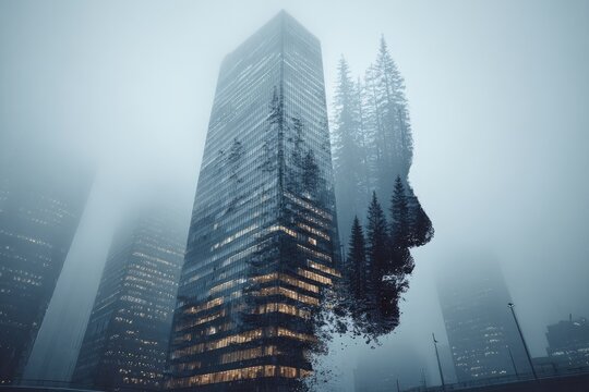 City skyscraper, forest face, foggy