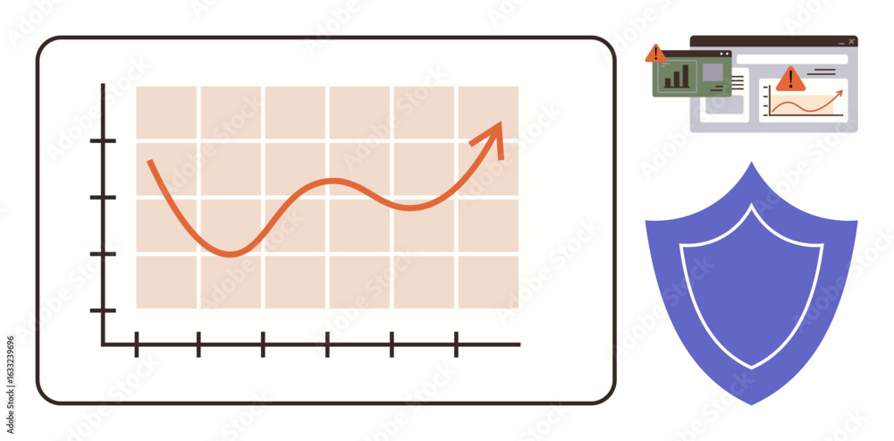 Aufkleber line graph displaying upward trend, alert notifications on digital screens, and a security shield. i
