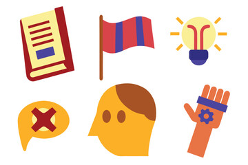 Colorful set of icons book flag light bulb speech bubble head gear vector