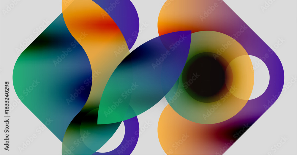 Poster abstract shapes overlap, creating vibrant color blends. fluid forms suggest movement, depth, modern 