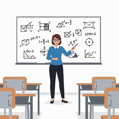 A smiling female teacher explains complex mathematical formulas and geometric shapes on a whiteboard in a classroom.
