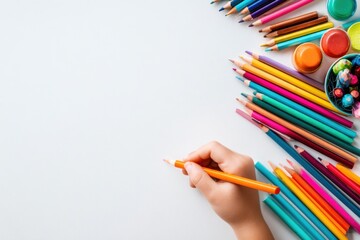 A child's hand holding an orange pencil, surrounded by colorful art supplies on a white surface