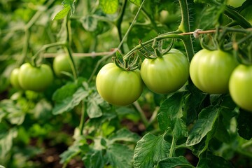 Green unripe tomatoes growing on vine in garden with lush foliage