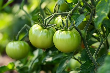 Green unripe tomatoes growing on vine in garden with lush foliage