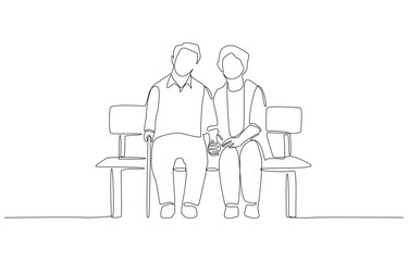 Continuous one line drawing of elderly couple sitting side by side on a bench, enduring love concept, single line art