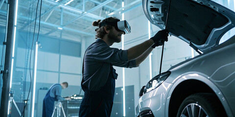 Photo of man using vr headset to work on a car in a modern workshop