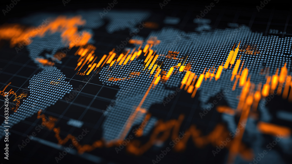 Poster stock market graph with world map in blurred background showing digital financial visualization