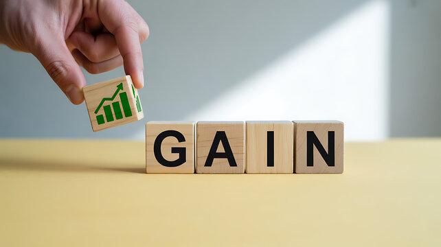 Hand placing a wooden block with a green upward trending bar graph onto blocks spelling out the word gain symbolizing financial growth and success