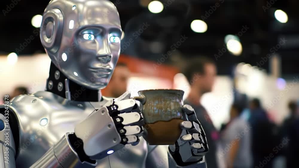 Poster humanoid robot holding a mug at a tech expo - a close-up shot of a sophisticated humanoid robot with