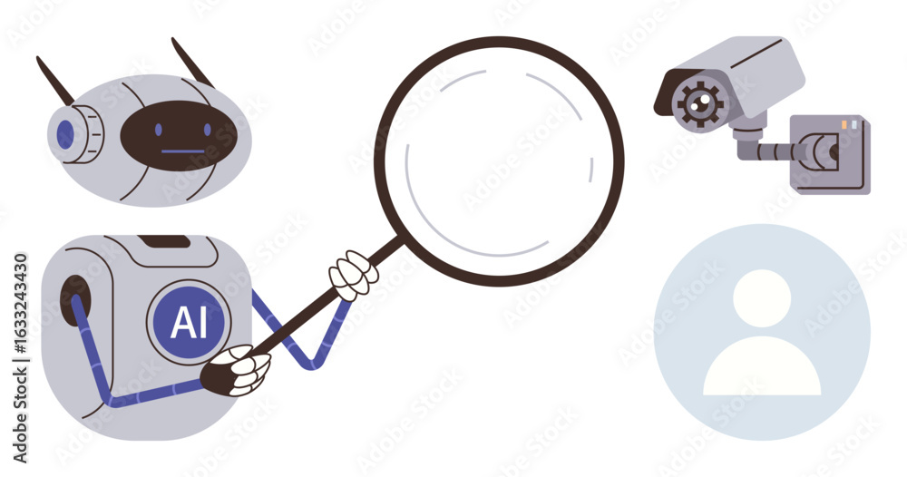 Poster robot labeled ai holding a magnifying glass analyzing a security camera and user icon. ideal for tec
