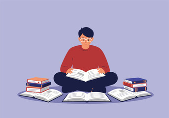 Illustration of a focused young man preparing for exams, reading many textbooks to gain knowledge for higher education.