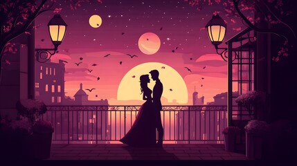 Naklejka premium Silhouette of lovers on a balcony at sunset.