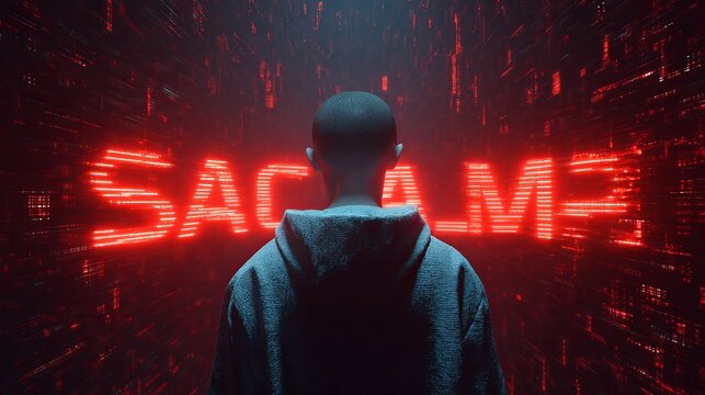 A male figure with a shaved head stands against a vibrant digital background, showcasing the word 'SACAME' in bold red letters.