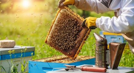 A beekeeper in a white suit holds a honeycomb frame teeming with bees under sunlight.