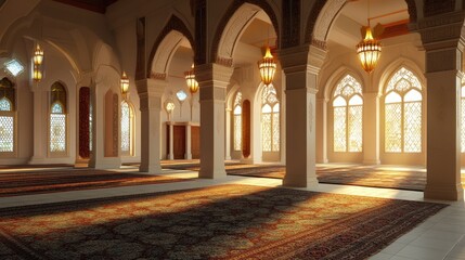 Obraz premium Serene Mosque Interior: Sunlight Illuminates Islamic Architecture