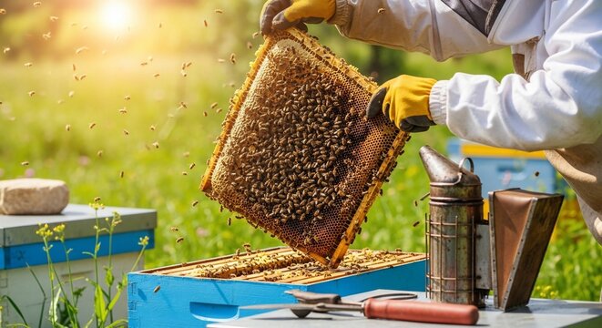 A beekeeper in a white suit holds a honeycomb frame teeming with bees under sunlight.