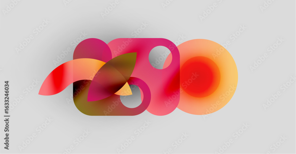 Poster abstract shapes overlap, creating vibrant color blends. soft gradients suggest movement, light inter