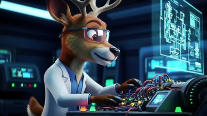A cartoon deer scientist working on complex technology in a futuristic lab filled with screens - Powered by Adobe