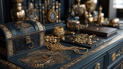 Modern workspace decorated with treasure chest symbolizing wealth and business success