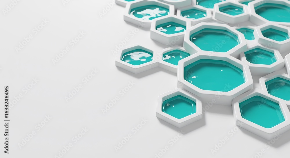 Poster 3d render of a white honeycomb structure filled with a turquoise liquid or serum. abstract backgroun