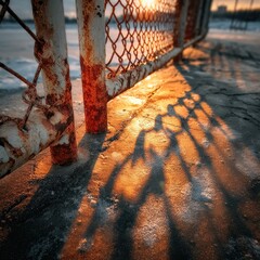 Rusty fence casts long shadows on icy ground at sunset