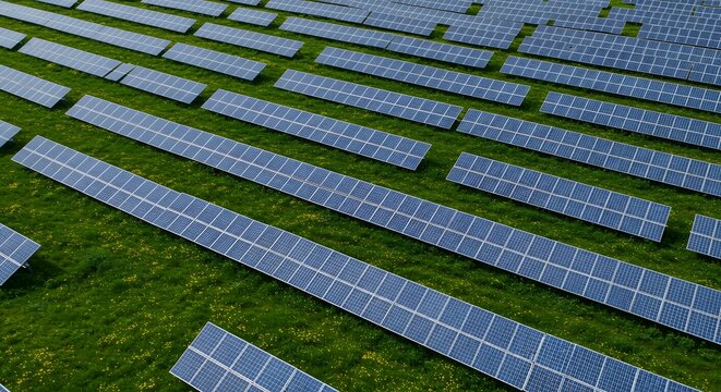 Solar Panel Array on Green Field with Yellow Flowers Aerial View