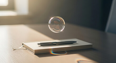 Ai generated image of floating bubble above a notebook with a pen on a desk with sunlight