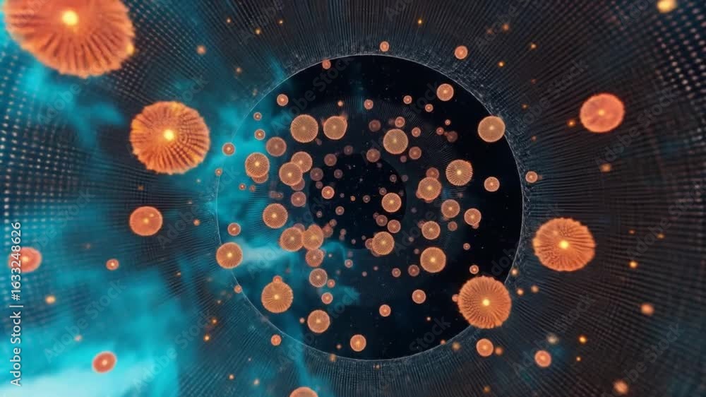 Poster abstract futuristic tunnel with glowing spheres and particle effects animation