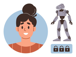 Smiling woman face, humanoid robot, three padlocks symbolize AI, privacy, data protection, cybersecurity, human-robot interaction, digital security, futuristic technology identity verification