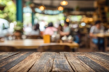 Rustic wooden table in a cafe, blurred background