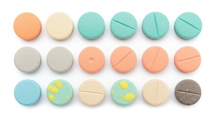 Assorted round pills arranged in rows
