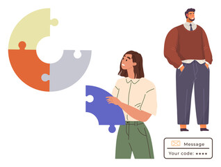 Woman holding a puzzle piece near a circular puzzle, man standing confidently, message box indicating security. Ideal for teamwork, problem-solving, collaboration, communication, project planning