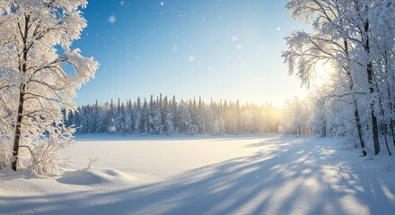 Obraz premium Serene winter landscape with sun shining through snowy trees in a frozen wonderland