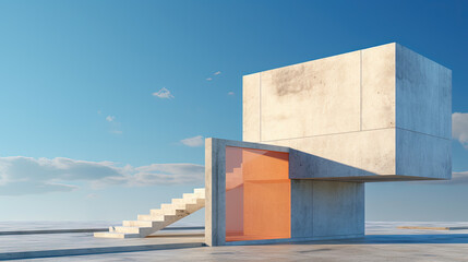 Surreal 3D concrete geometric structure under clear sky in desert landscape