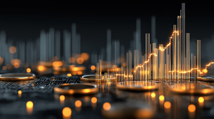3D infographics for business presentation with neon glowing charts, bars and pie diagrams