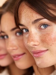 Three Young Women With Beautiful Features and Mixed Expressions Pose Closely Together With Soft Lighting Highlighting Their Natural Looks