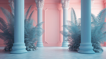 Elegant neoclassical interior with pink and blue columns and tropical plants in vaporwave aesthetic