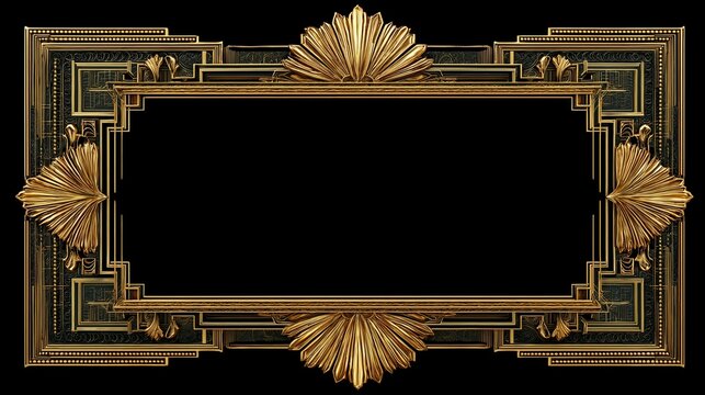 Elegant art deco rectangular frame. Ornate symmetrical gold and silver geometric frame, roaring 20s art