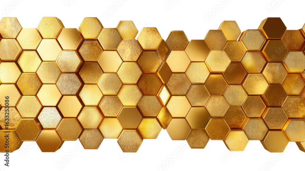 Poster intricate hexagonal mosaic strip with golden luster and texture