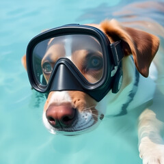 Close-up of a dog wearing a diving mask submerged in clear blue water.