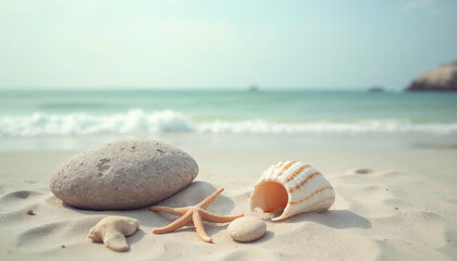 Obraz premium Stone podium for summer cosmetics product presentation on blurred tropical sea sand beach background