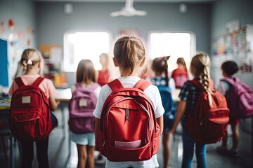 Rear view of a schoolgirl with a backpack walking down a lively school hallway filled with other students in the morning light