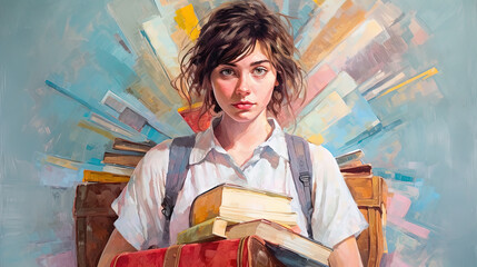 Portrait of a schoolgirl surrounded by books in expressive painterly art technique